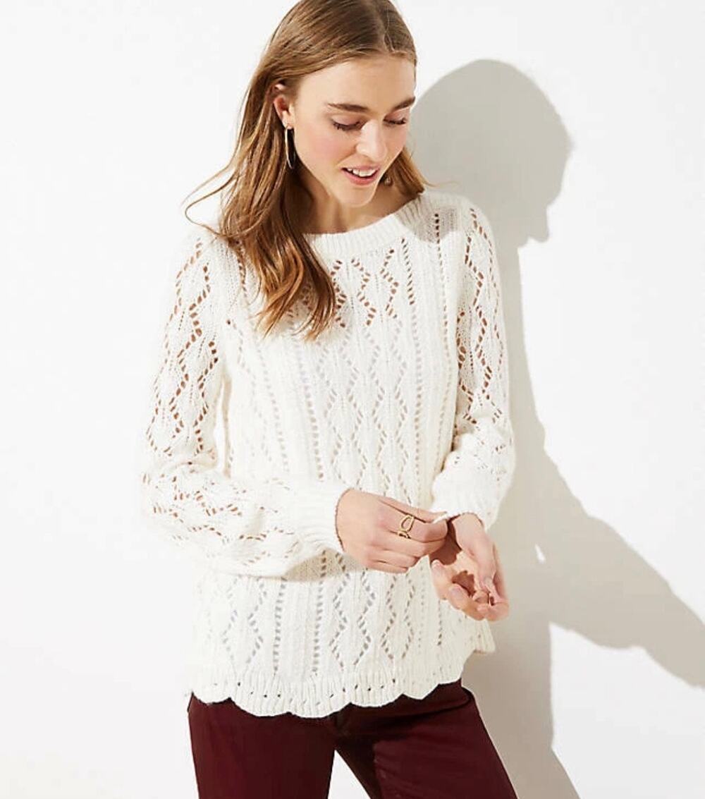 LOFT Pointelle Knit Sweater Size XL Cream Scalloped Hem Soft Lightweight